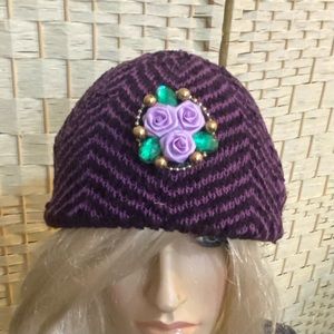 Beautiful, Purple-Black Knitted Beanie Hat with Floral Accent